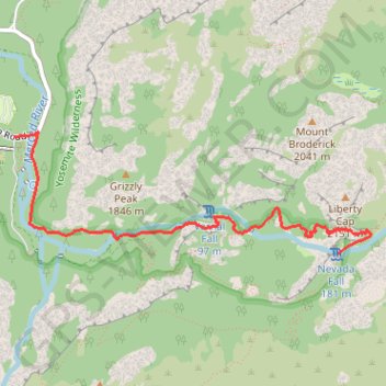 Vernal Fall and Nevada Fall trail, distance, elevation, map, profile, GPS track