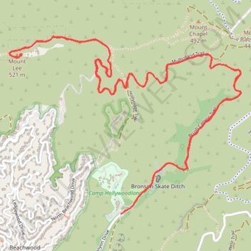 Hollywood Sign and Mount Lee Trail in Griffith Park trail, distance, elevation, map, profile, GPS track